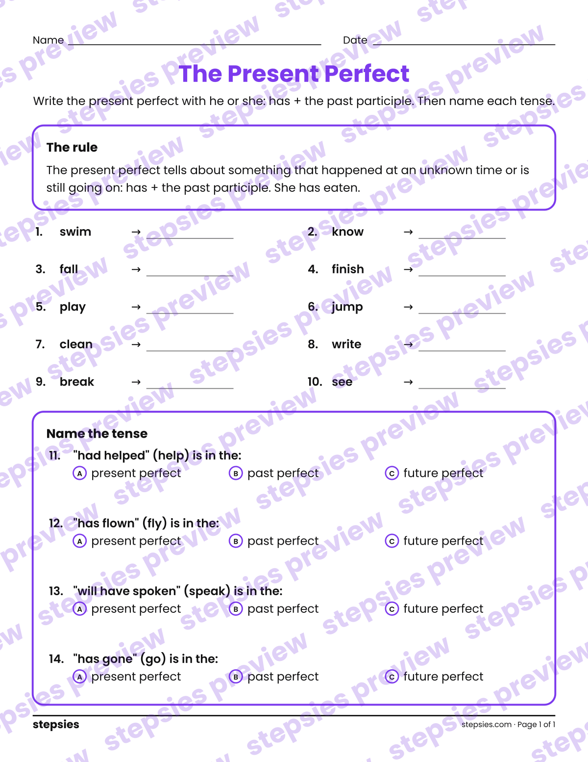 The Present Perfect: page 1 of a printable Grade 5 Language worksheet