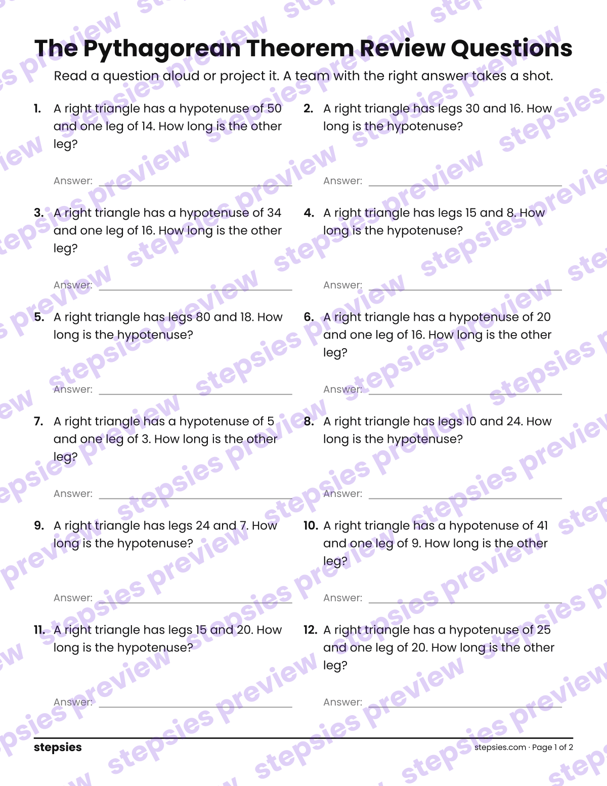 The Pythagorean Theorem: Trashketball Review Questions: page 1 of a printable Grade 8 Math worksheet