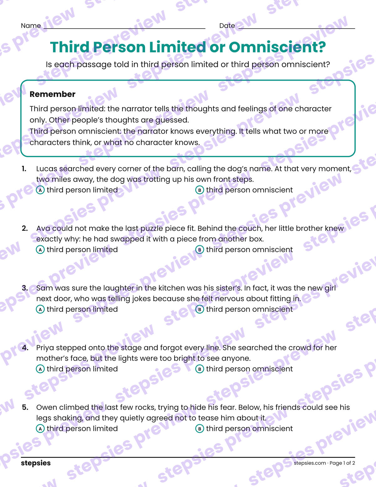 Third Person Limited or Omniscient?: page 1 of a printable Grades 6–8 Language worksheet
