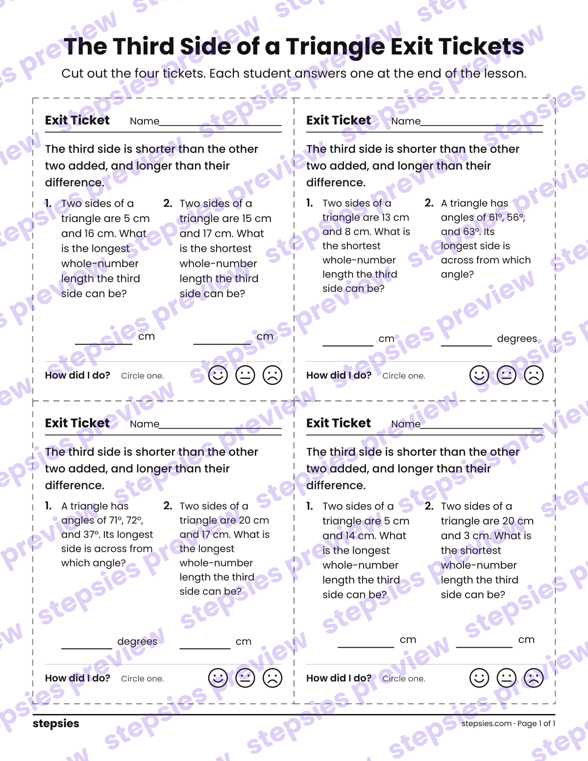 The Third Side of a Triangle Exit Tickets: page 1 of a printable Grades 6 and 7 Math worksheet