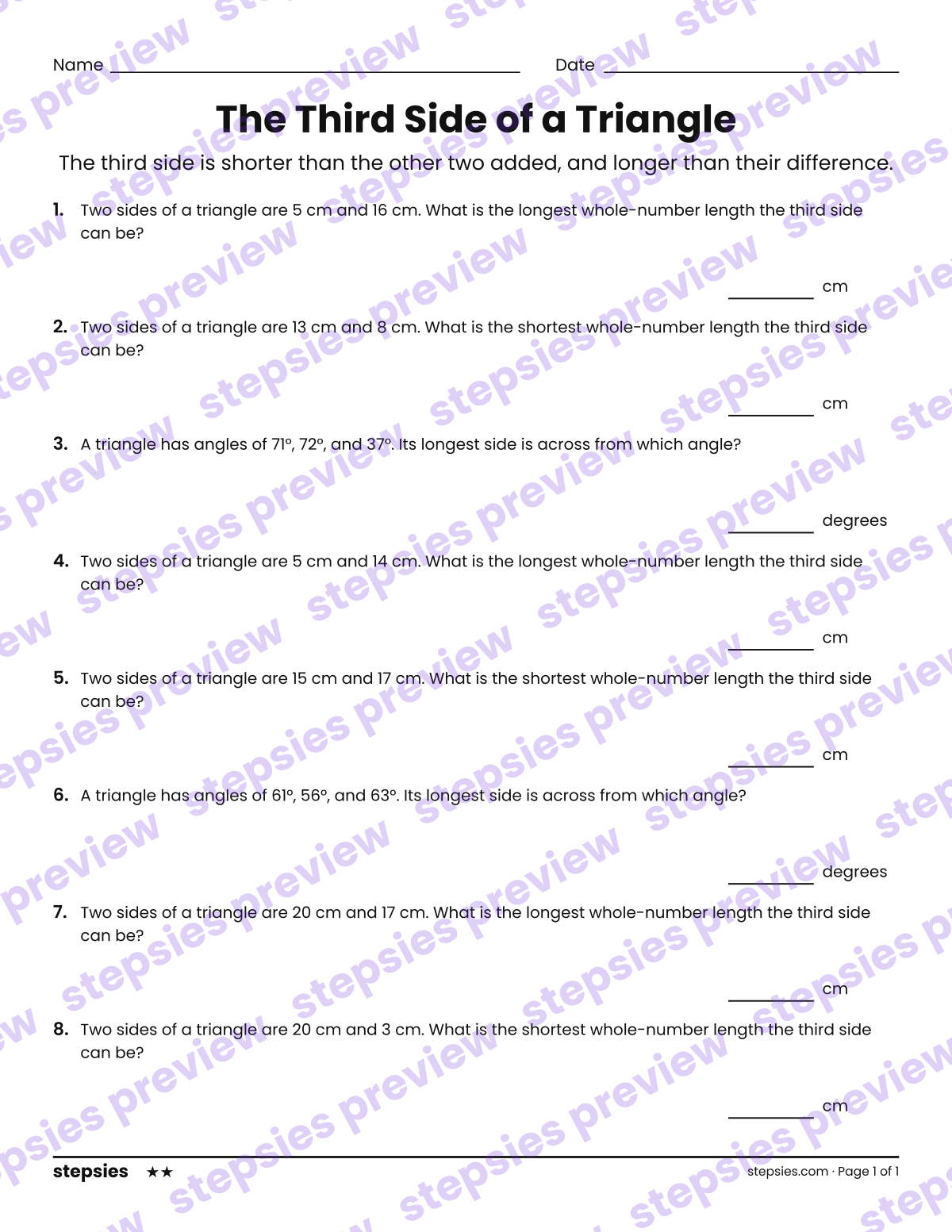 The Third Side of a Triangle: page 1 of a printable Grades 6 and 7 Math worksheet