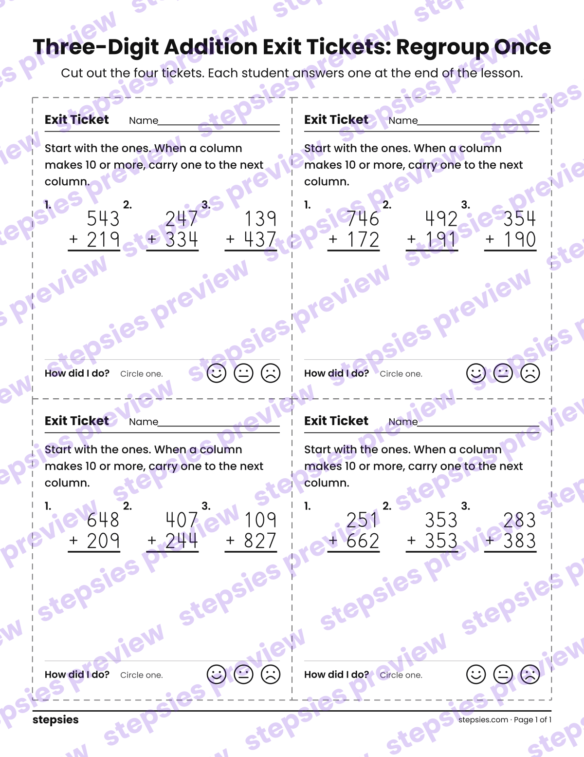 Three-Digit Addition Exit Tickets: Regroup Once: page 1 of a printable Grade 2 Math worksheet
