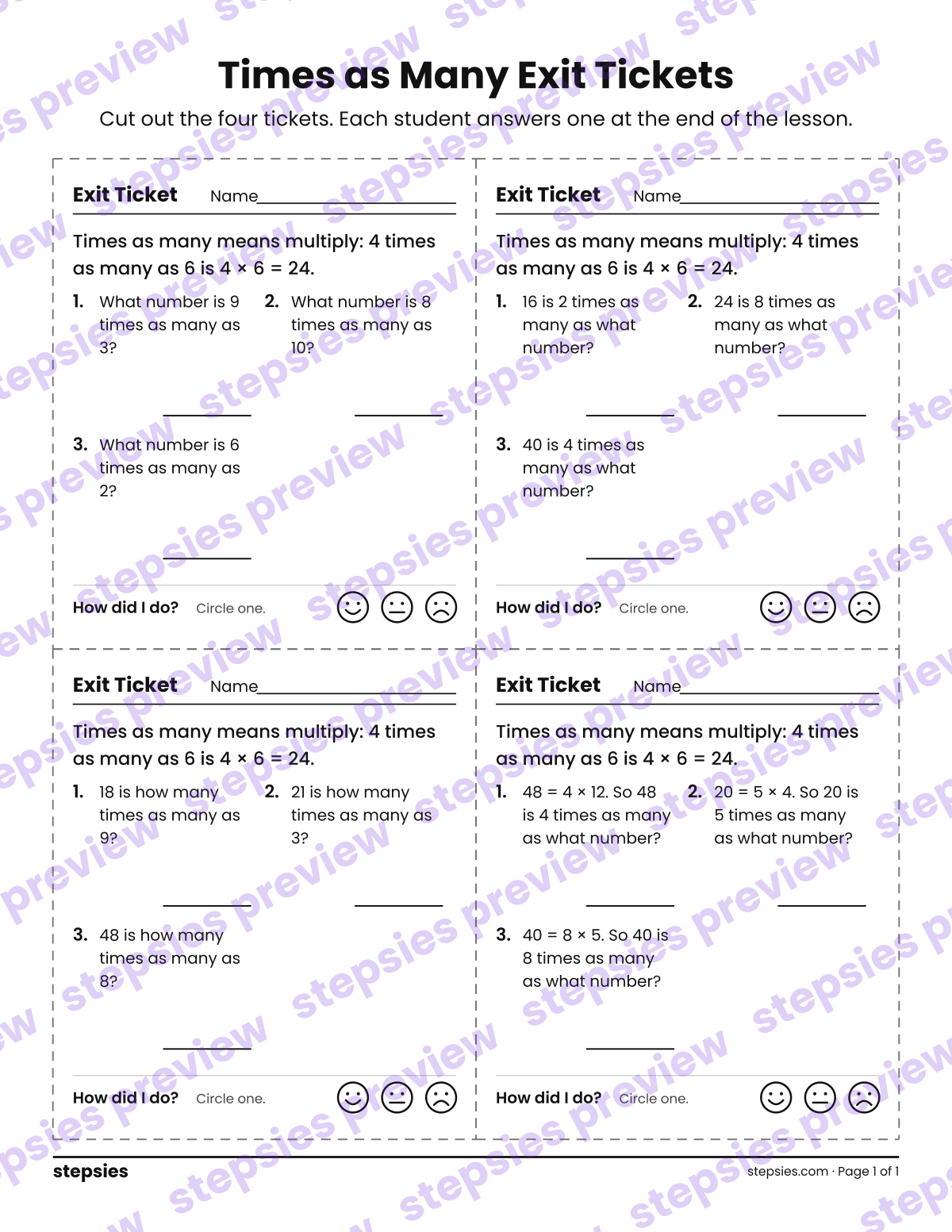 Times as Many Exit Tickets: page 1 of a printable Grade 4 Math worksheet