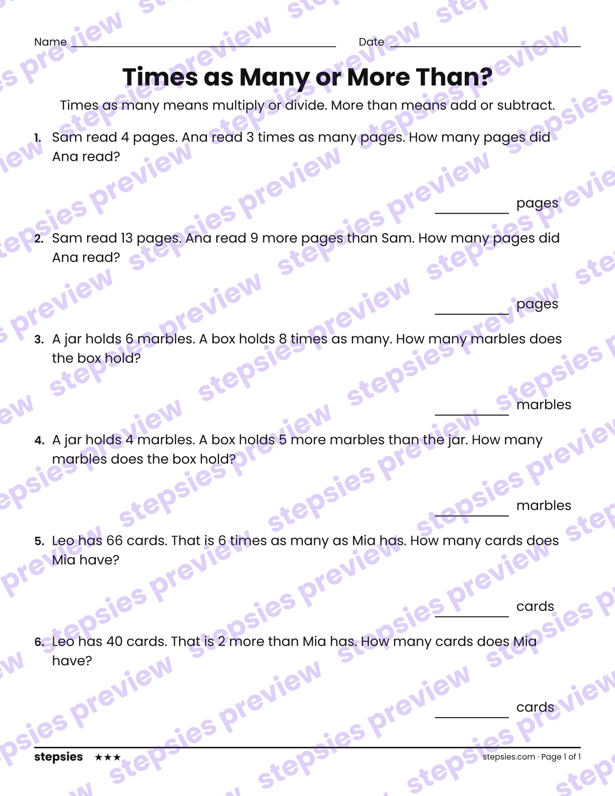 Times as Many or More Than?: page 1 of a printable Grade 4 Math worksheet