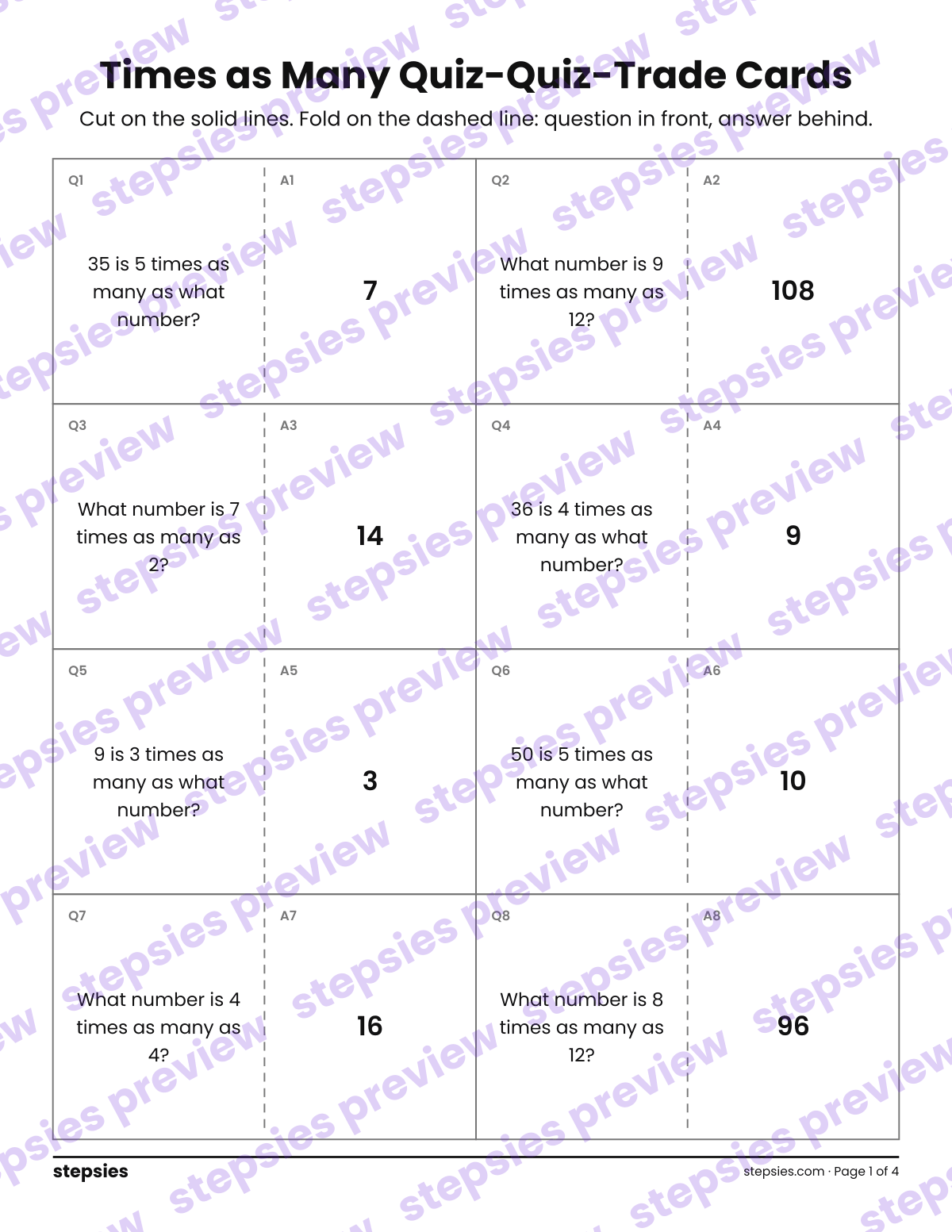 Times as Many: Quiz-Quiz-Trade Cards: page 1 of a printable Grade 4 Math worksheet