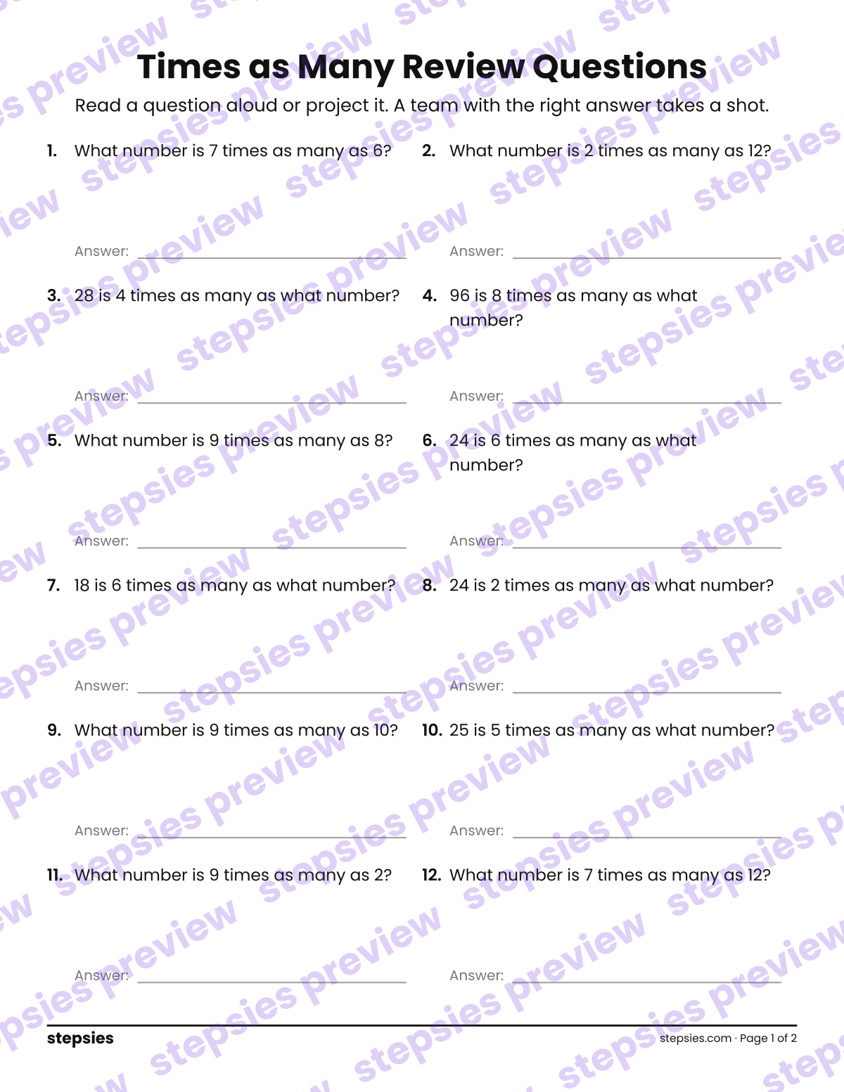 Times as Many: Trashketball Review Questions: page 1 of a printable Grade 4 Math worksheet