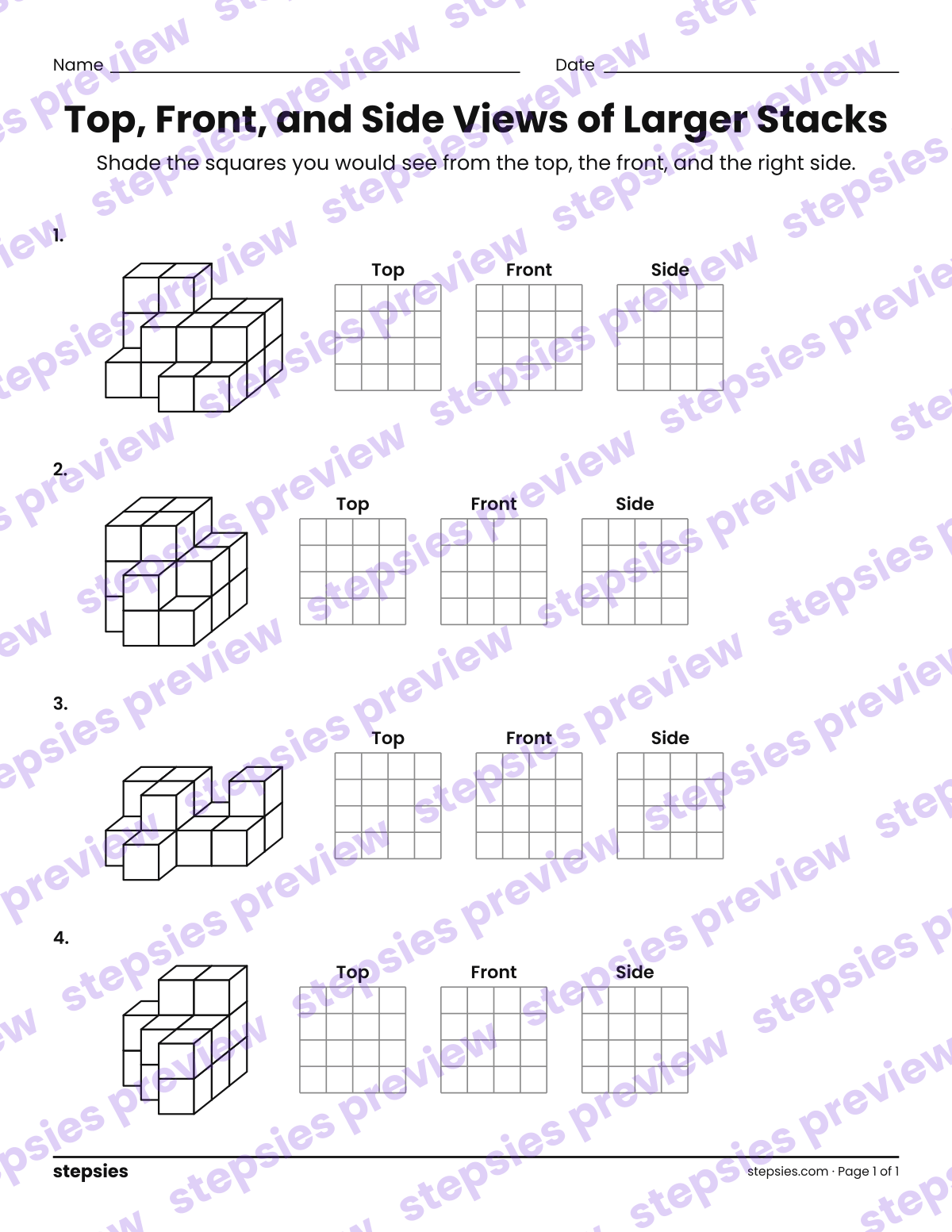 Top, Front, and Side Views of Larger Stacks: page 1 of a printable Grade 7 Math worksheet