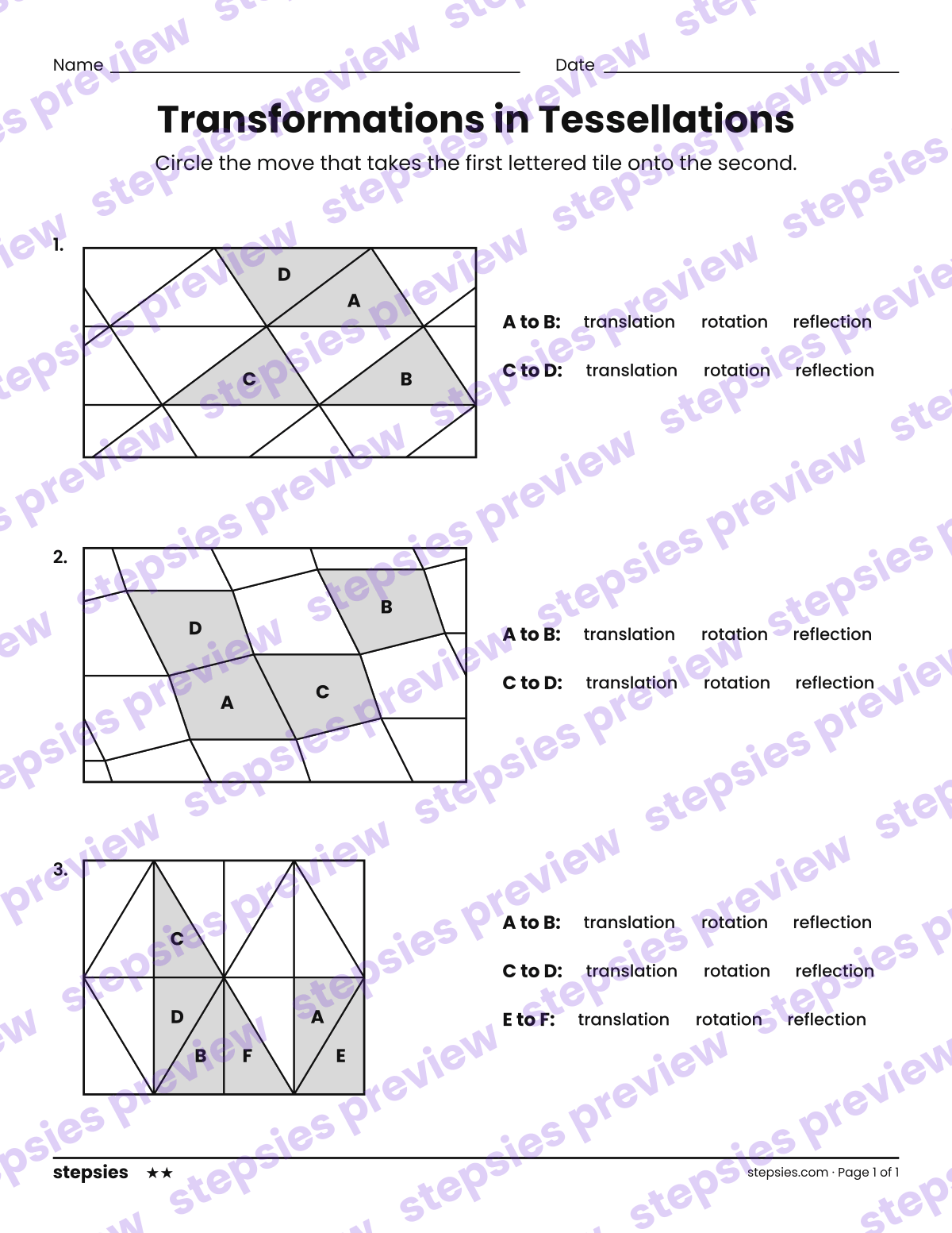Transformations in Tessellations: page 1 of a printable Grade 8 Math worksheet
