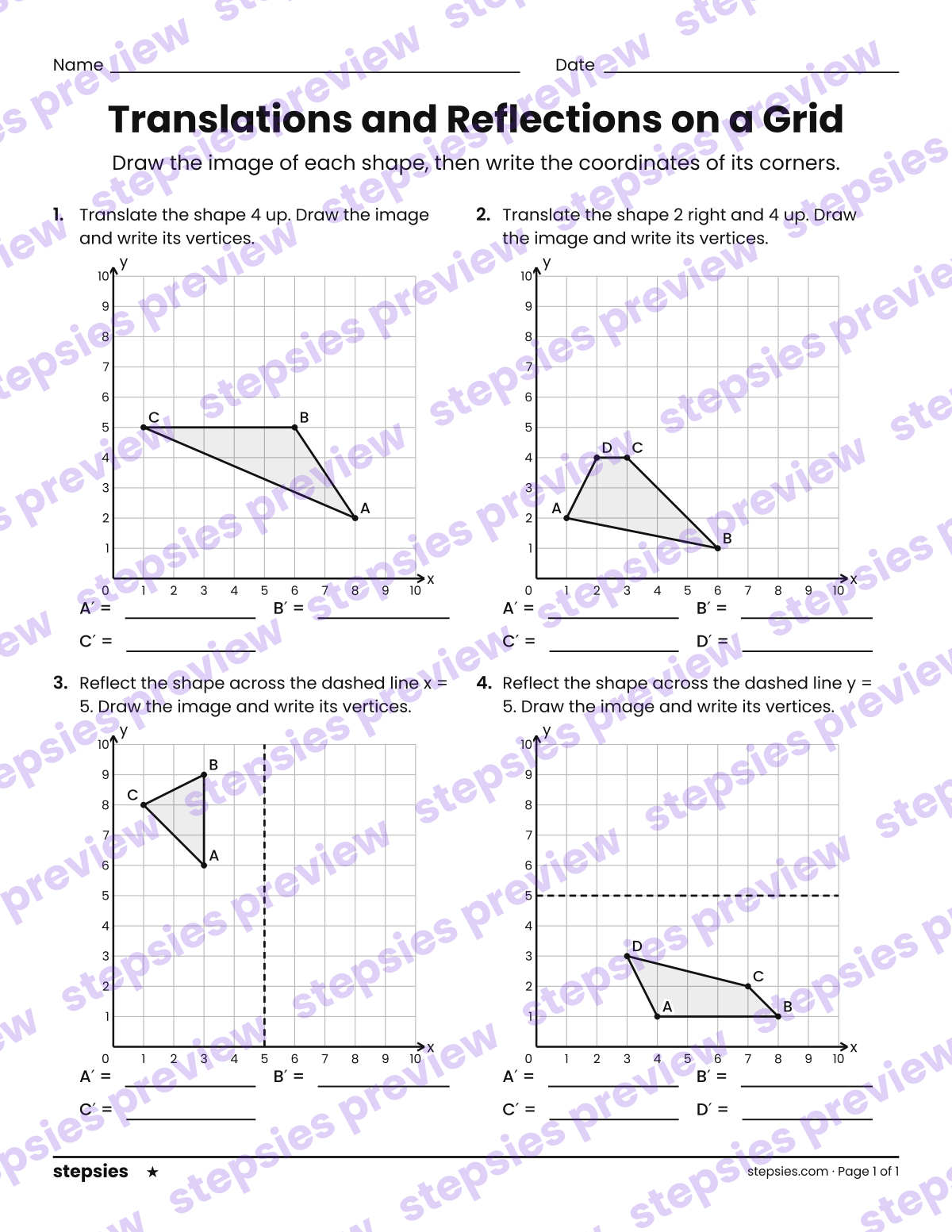 Translations and Reflections on a Grid: page 1 of a printable Grade 4 Math worksheet