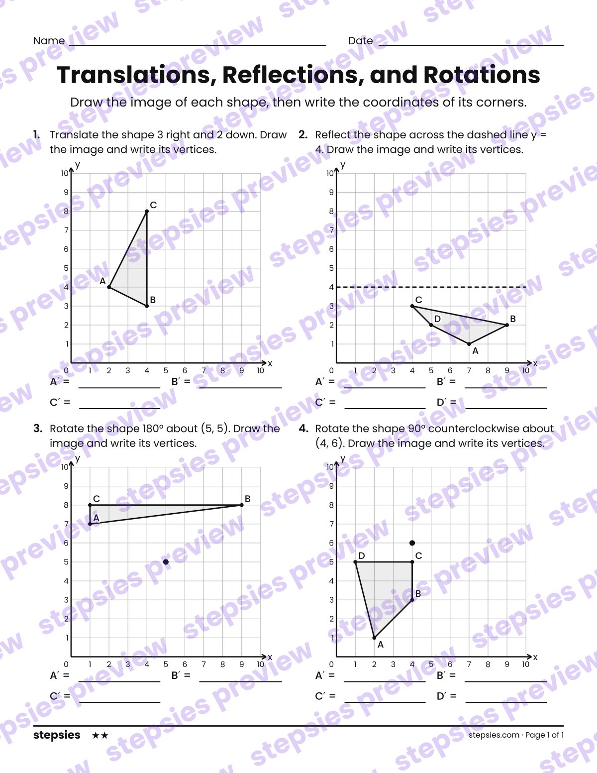Translations, Reflections, and Rotations: page 1 of a printable Grade 5 Math worksheet
