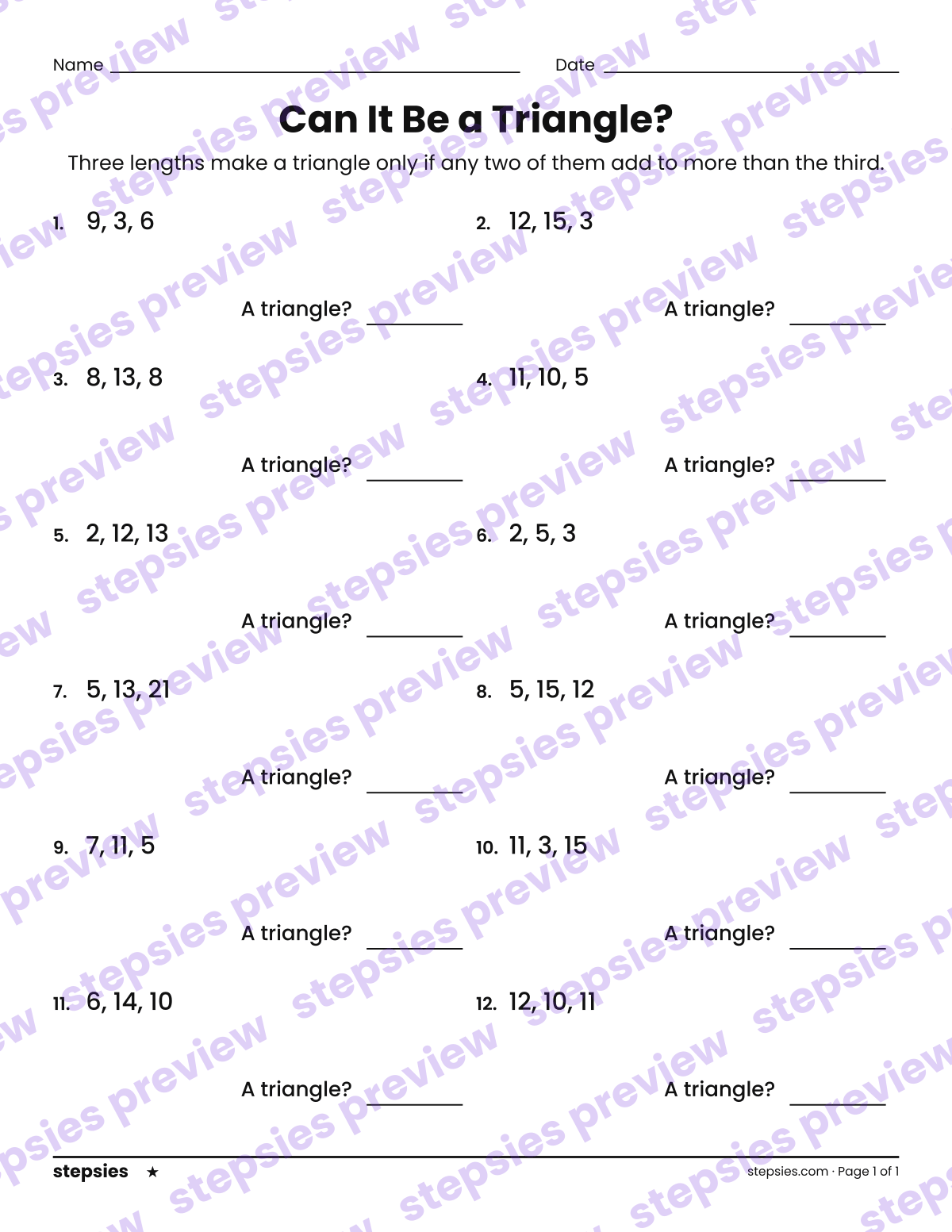 Can It Be a Triangle?: page 1 of a printable Grades 6 and 7 Math worksheet