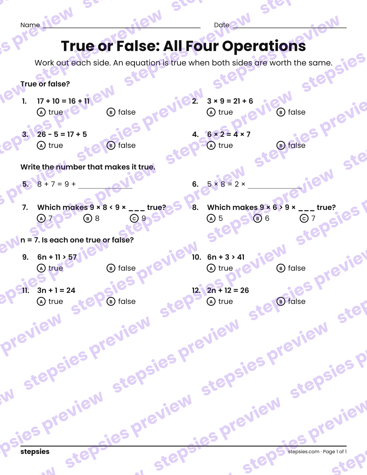 True or False: All Four Operations: page 1 of a printable Grades 4 and 5 Math worksheet