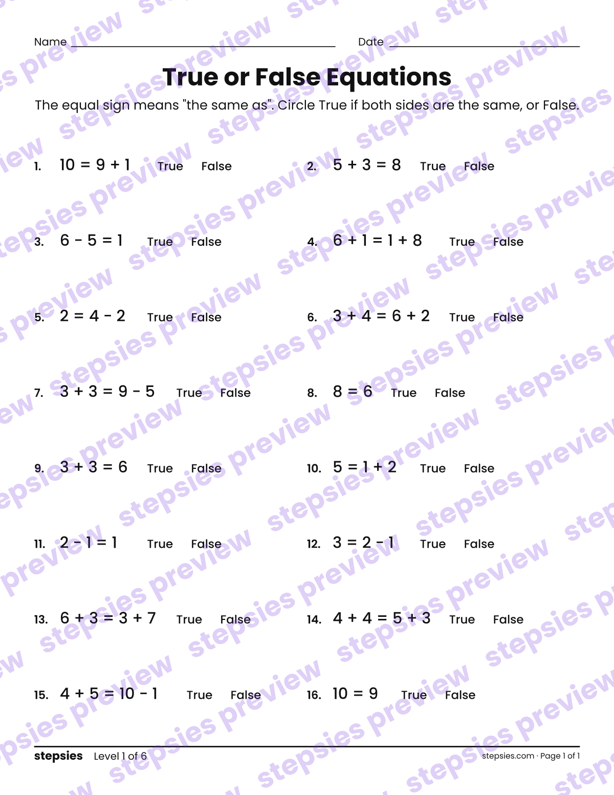 True or False Equations: page 1 of a printable Grade 1 Math worksheet