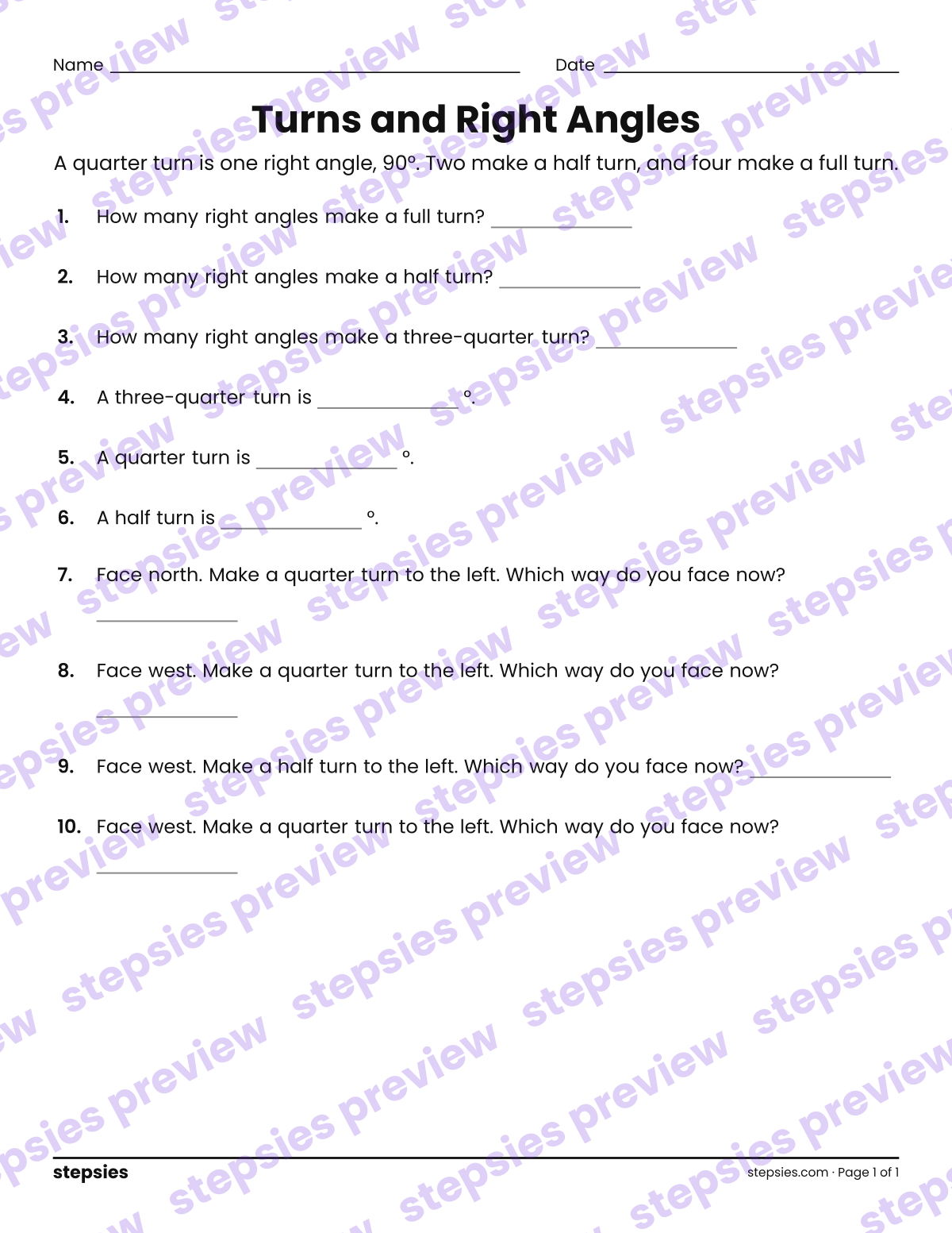 Turns and Right Angles: page 1 of a printable Grades 3 and 4 Math worksheet