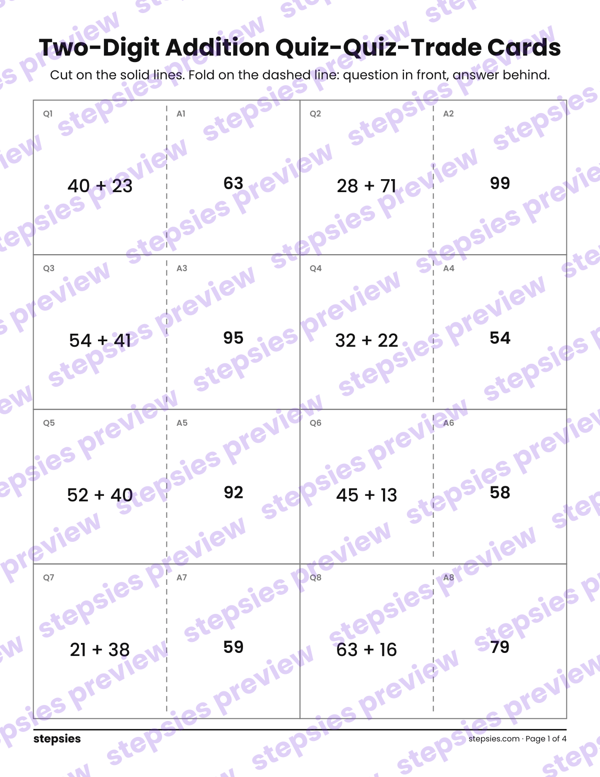 Two-Digit Addition: Quiz-Quiz-Trade Cards: page 1 of a printable Grade 2 Math worksheet