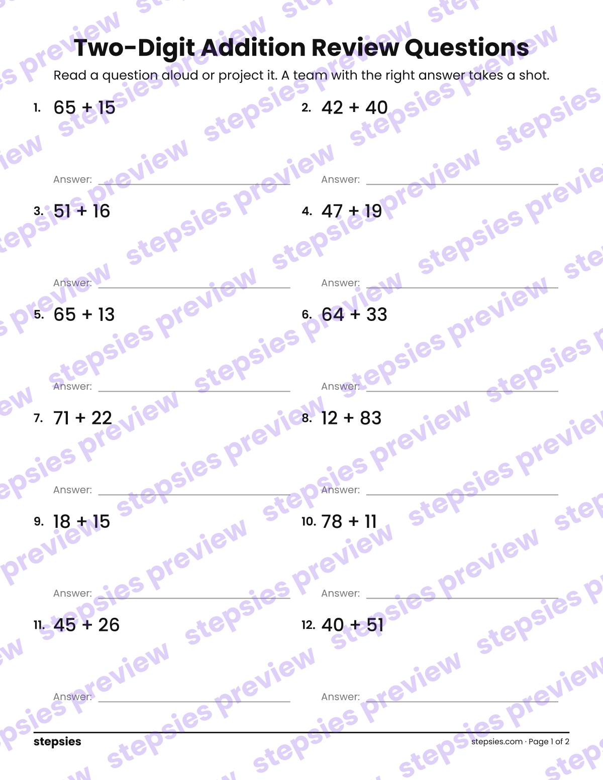 Two-Digit Addition: Trashketball Review Questions: page 1 of a printable Grade 2 Math worksheet