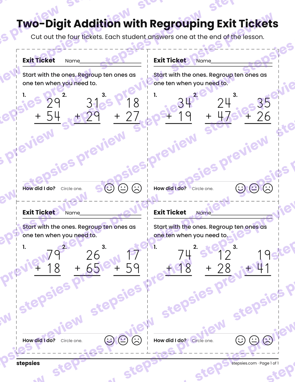 Two-Digit Addition with Regrouping Exit Tickets: page 1 of a printable Grade 2 Math worksheet