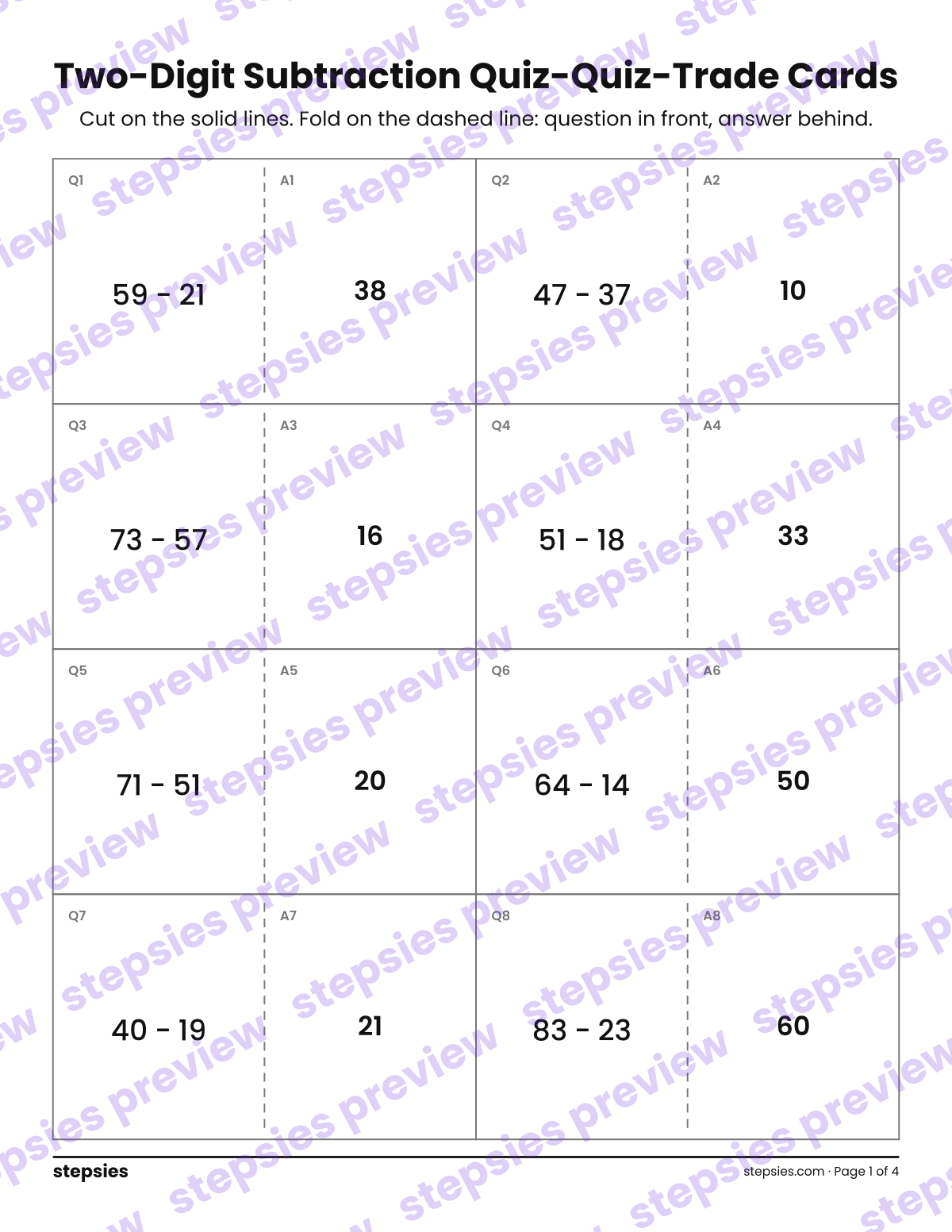 Two-Digit Subtraction: Quiz-Quiz-Trade Cards: page 1 of a printable Grade 2 Math worksheet