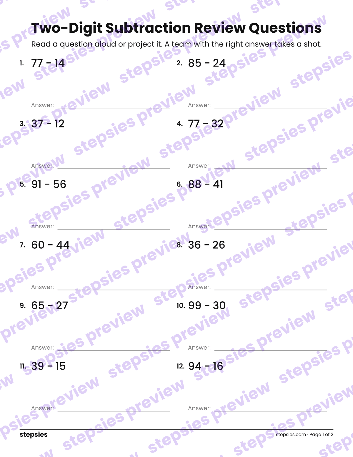Two-Digit Subtraction: Trashketball Review Questions: page 1 of a printable Grade 2 Math worksheet
