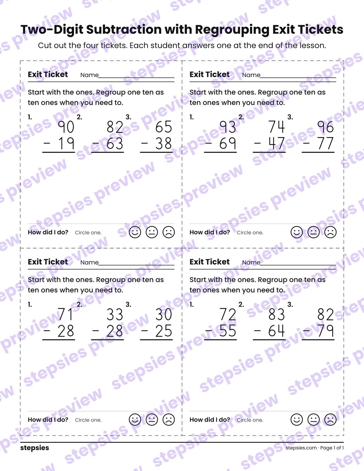 Two-Digit Subtraction with Regrouping Exit Tickets: page 1 of a printable Grade 2 Math worksheet