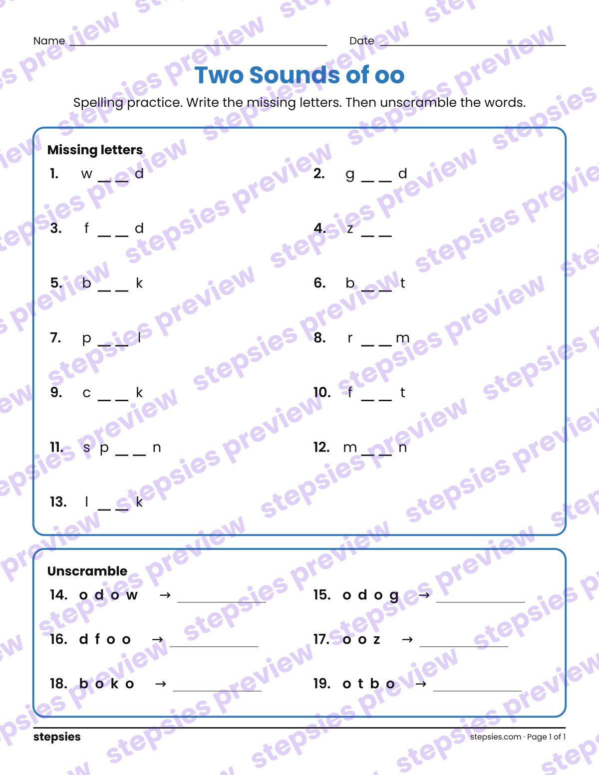 Two Sounds of oo: Spelling Practice: page 1 of a printable Grade 2 Language worksheet