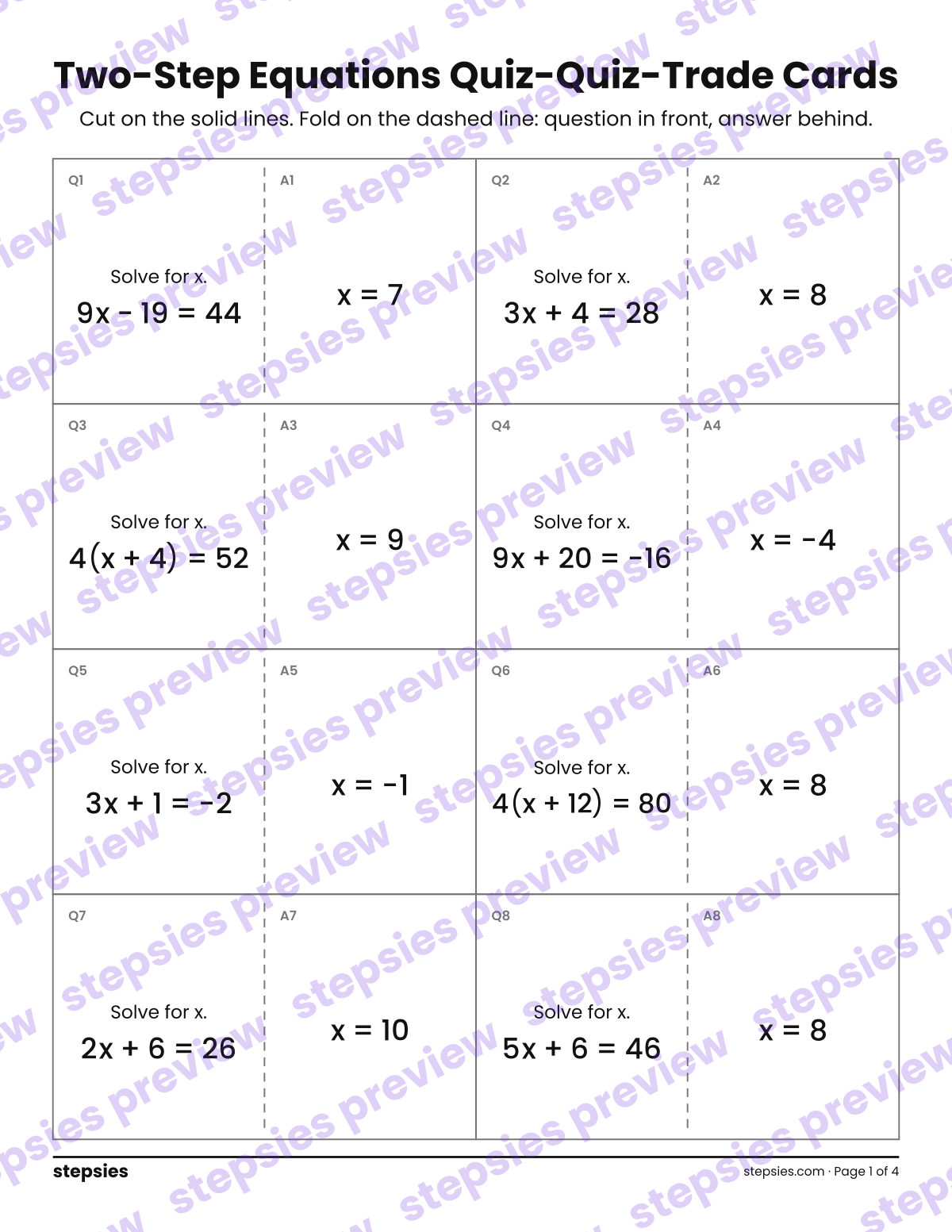 Two-Step Equations: Quiz-Quiz-Trade Cards: page 1 of a printable Grade 7 Math worksheet