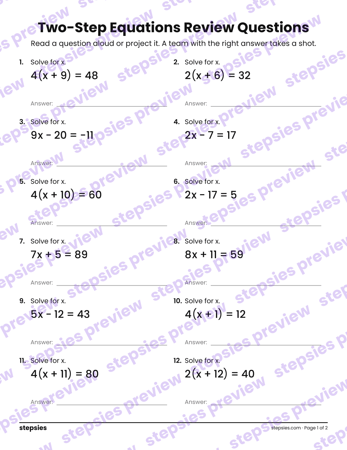 Two-Step Equations: Trashketball Review Questions: page 1 of a printable Grade 7 Math worksheet