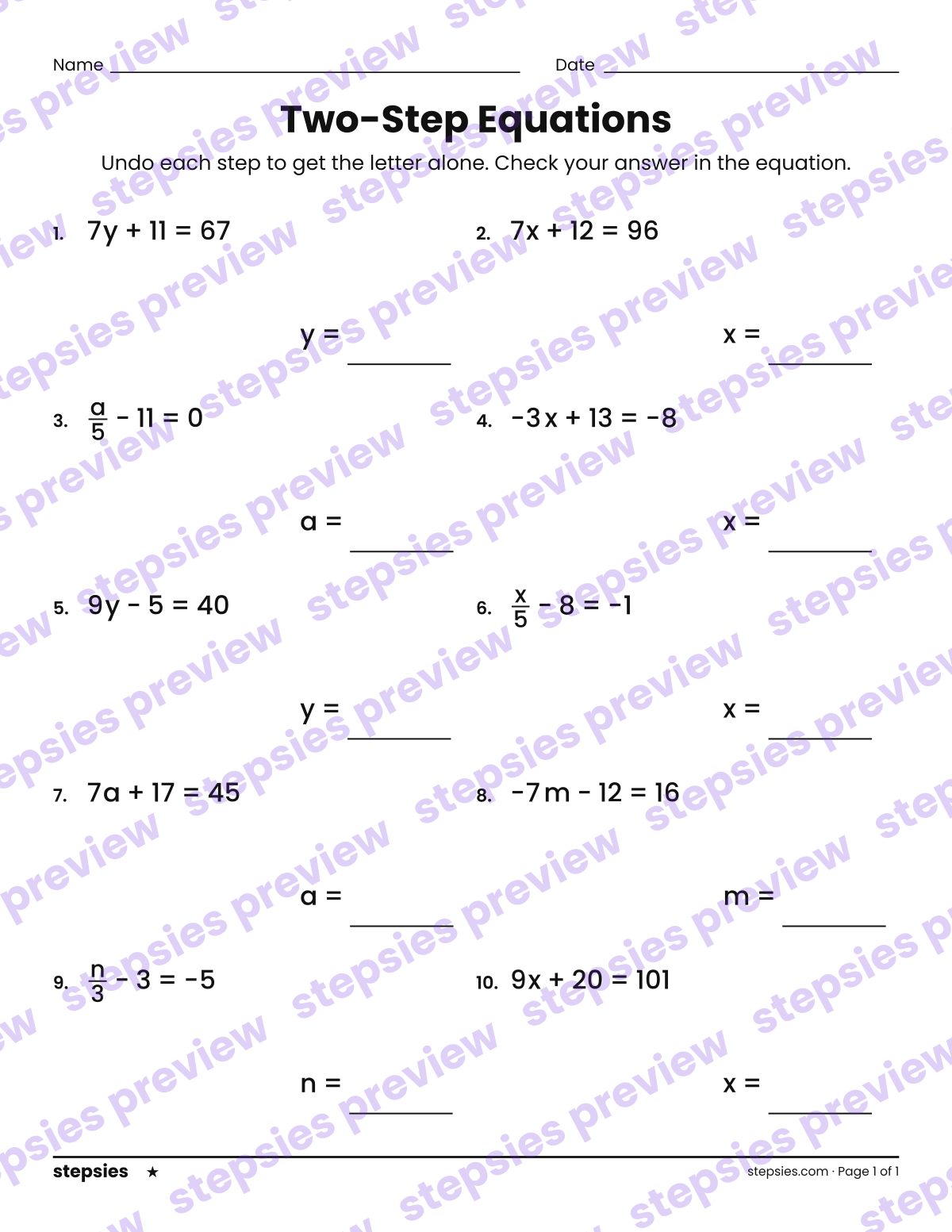 Two-Step Equations: page 1 of a printable Grades 7 and 8 Math worksheet
