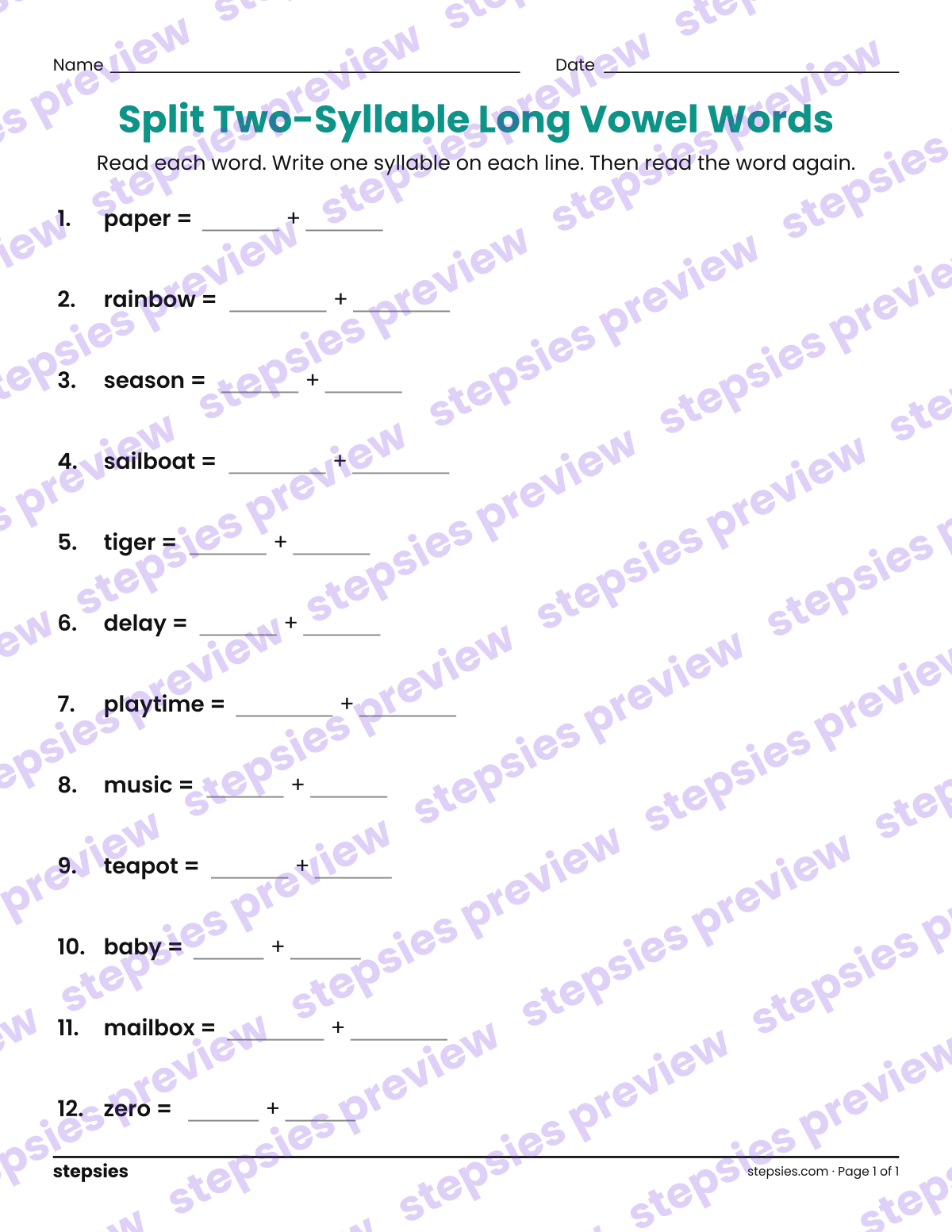 Split Two-Syllable Long Vowel Words: page 1 of a printable Grade 2 Language worksheet