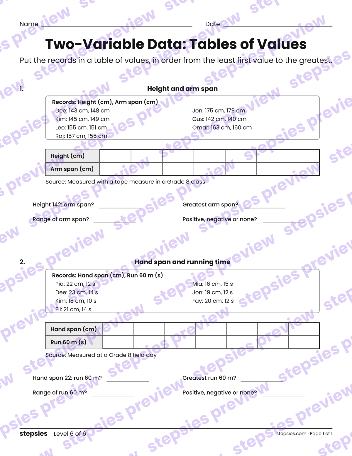 Two-Variable Data: Tables of Values: page 1 of a printable Grade 8 Math worksheet
