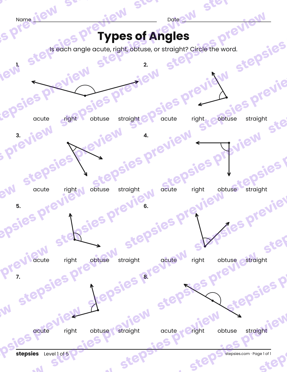 Types of Angles: page 1 of a printable Grade 4 Math worksheet