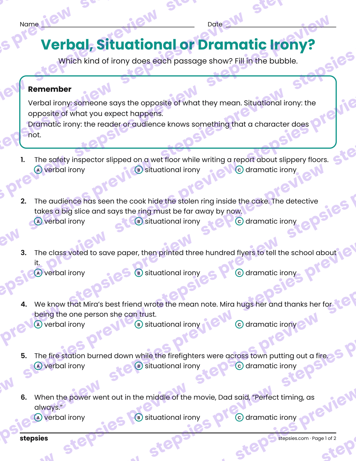Verbal, Situational or Dramatic Irony?: page 1 of a printable Grade 8 Language worksheet