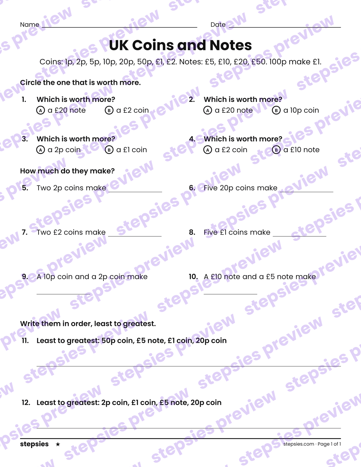 UK Coins and Notes: page 1 of a printable Grade 1 Math worksheet