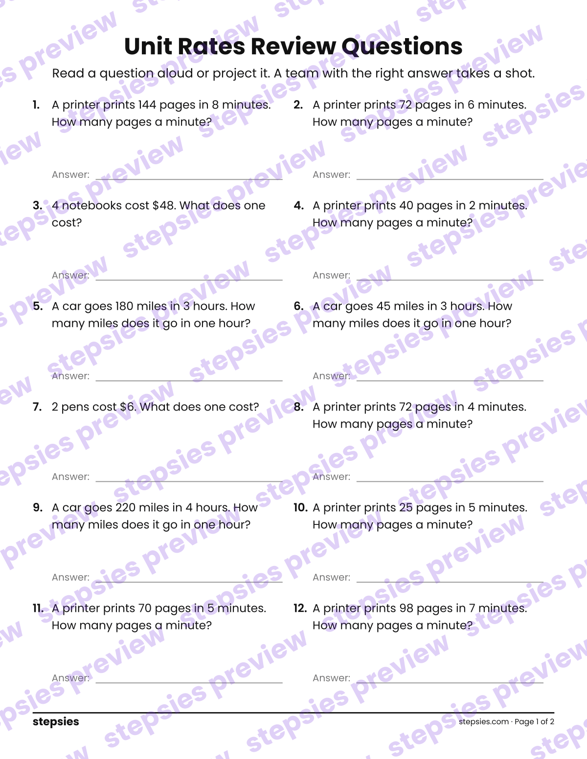 Unit Rates: Trashketball Review Questions: page 1 of a printable Grade 6 Math worksheet