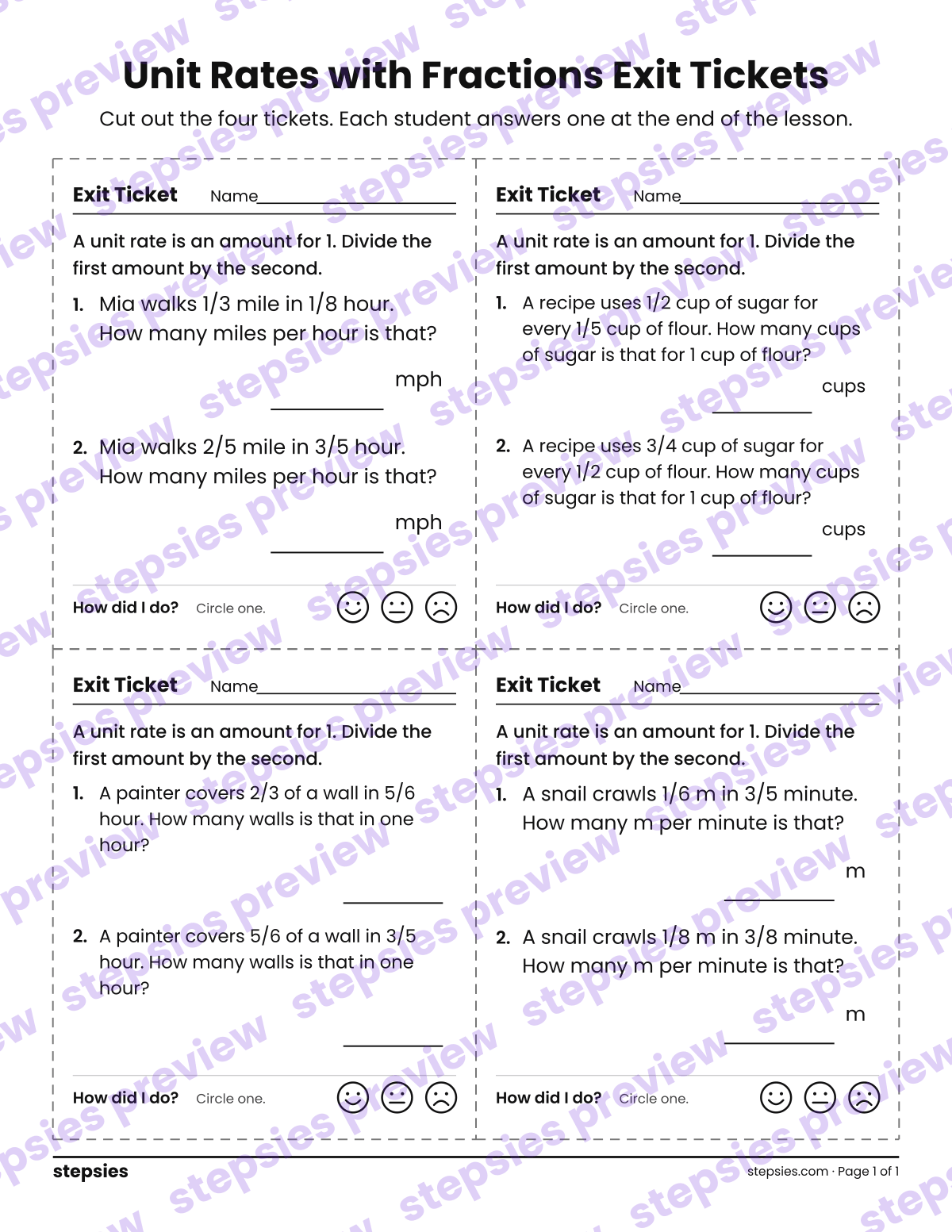 Unit Rates with Fractions Exit Tickets: page 1 of a printable Grade 7 Math worksheet