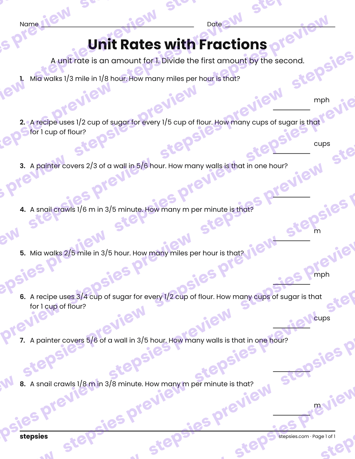 Unit Rates with Fractions: page 1 of a printable Grade 7 Math worksheet