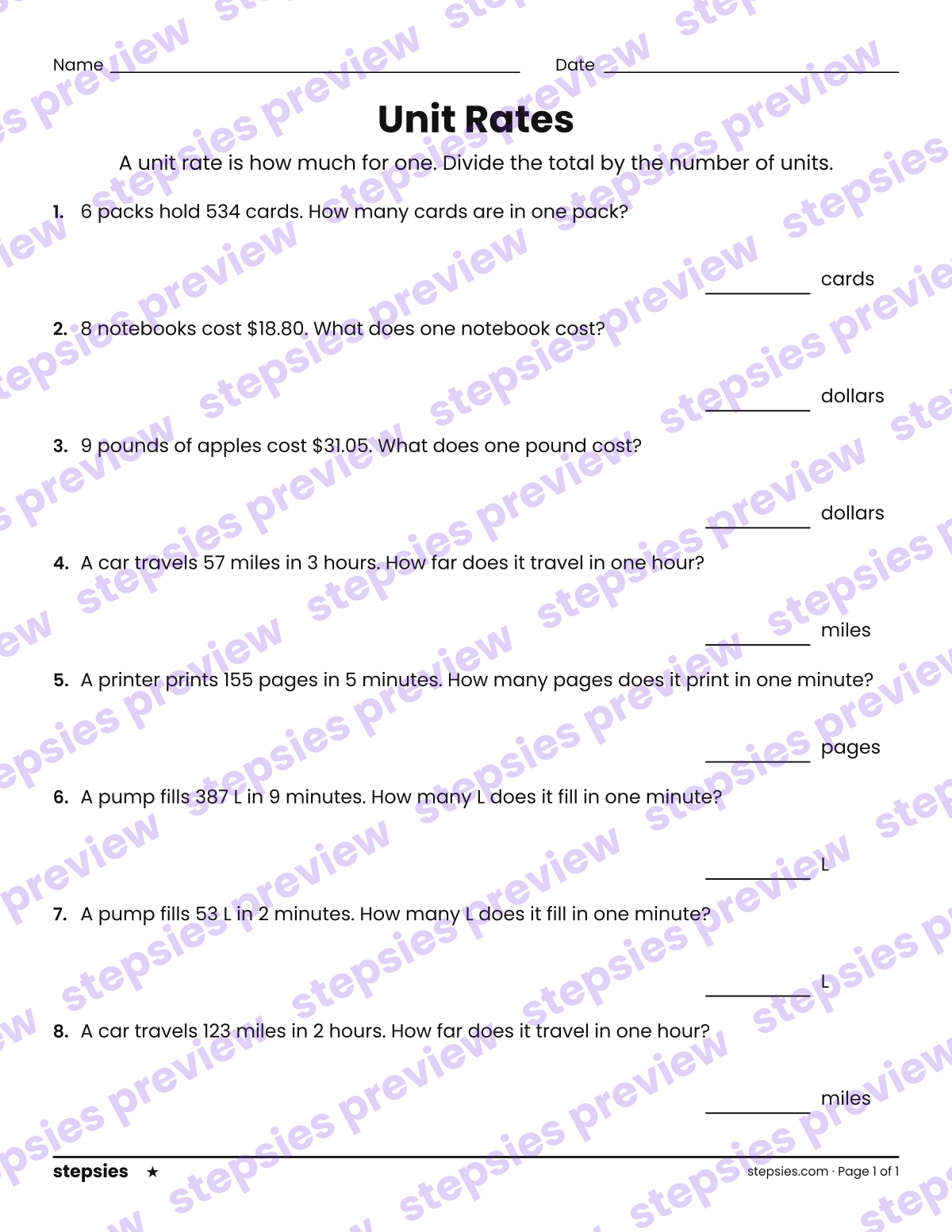 Unit Rates: page 1 of a printable Grades 6 and 7 Math worksheet