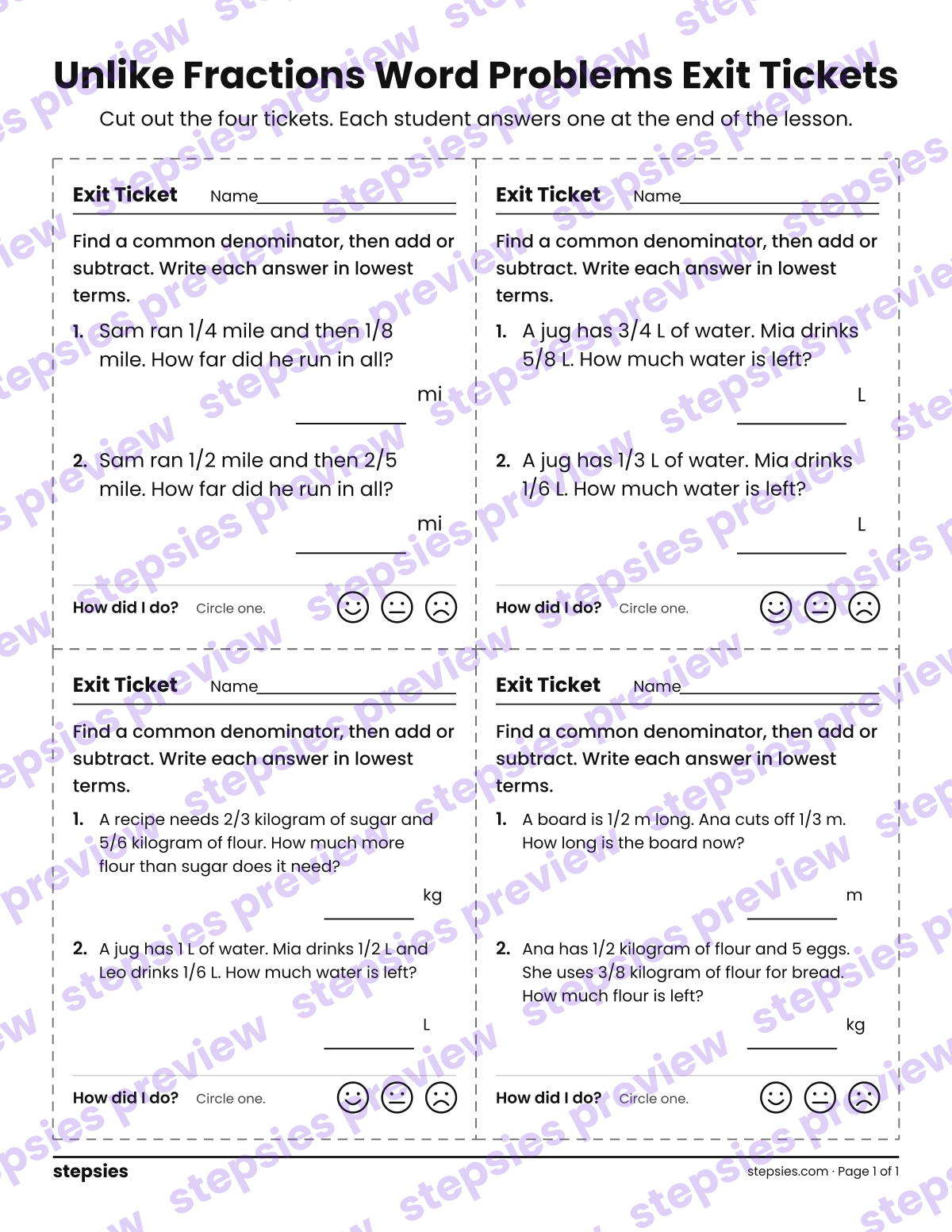 Unlike Fractions Word Problems Exit Tickets: page 1 of a printable Grade 5 Math worksheet