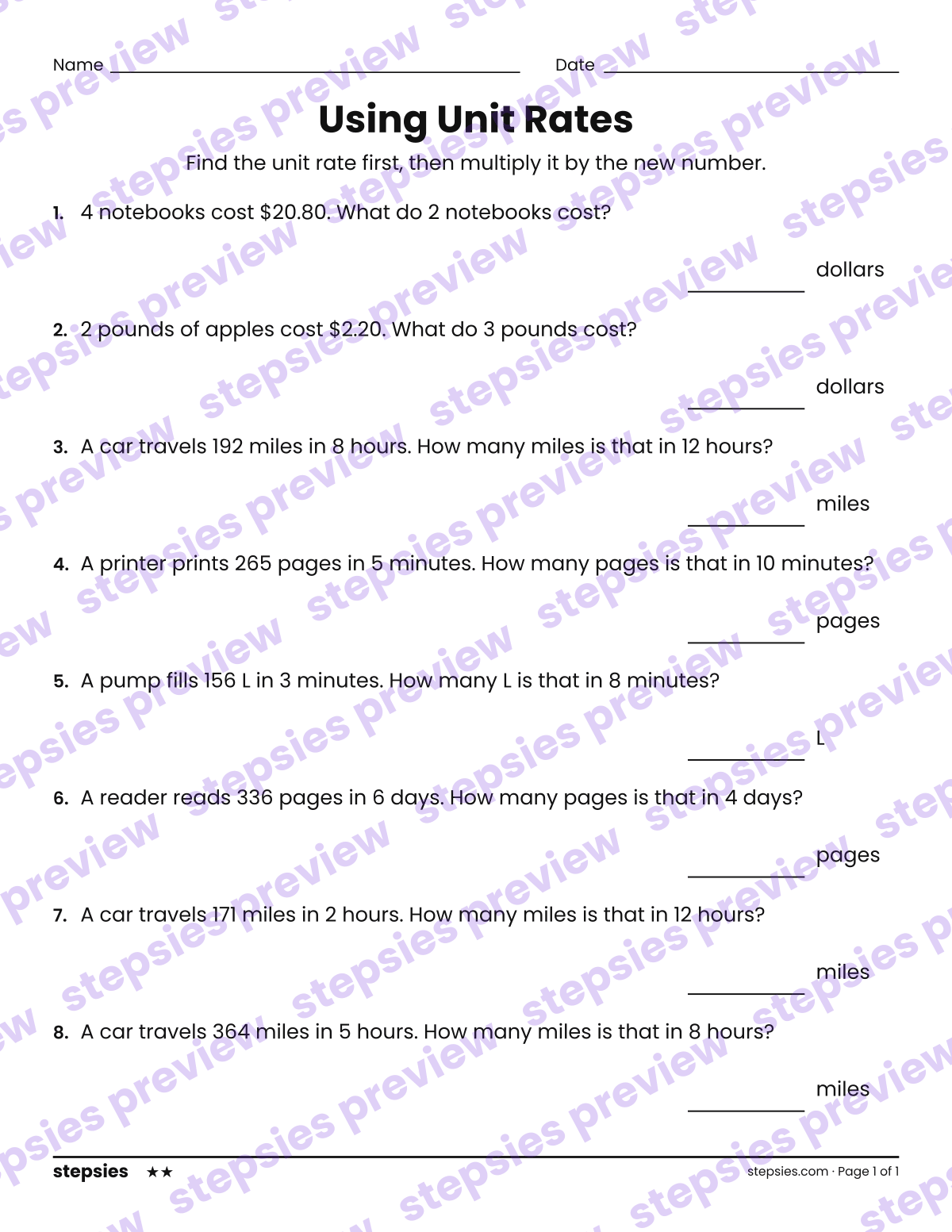 Using Unit Rates: page 1 of a printable Grades 6 and 7 Math worksheet