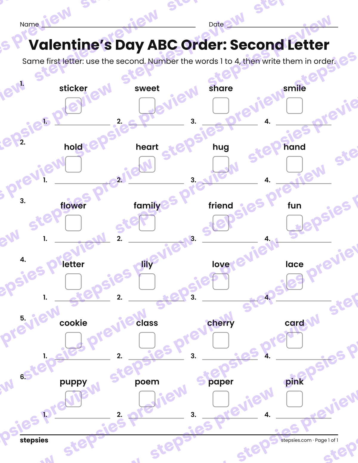 Valentine’s Day ABC Order: Second Letter: page 1 of a printable Grades 1 and 2 Language worksheet