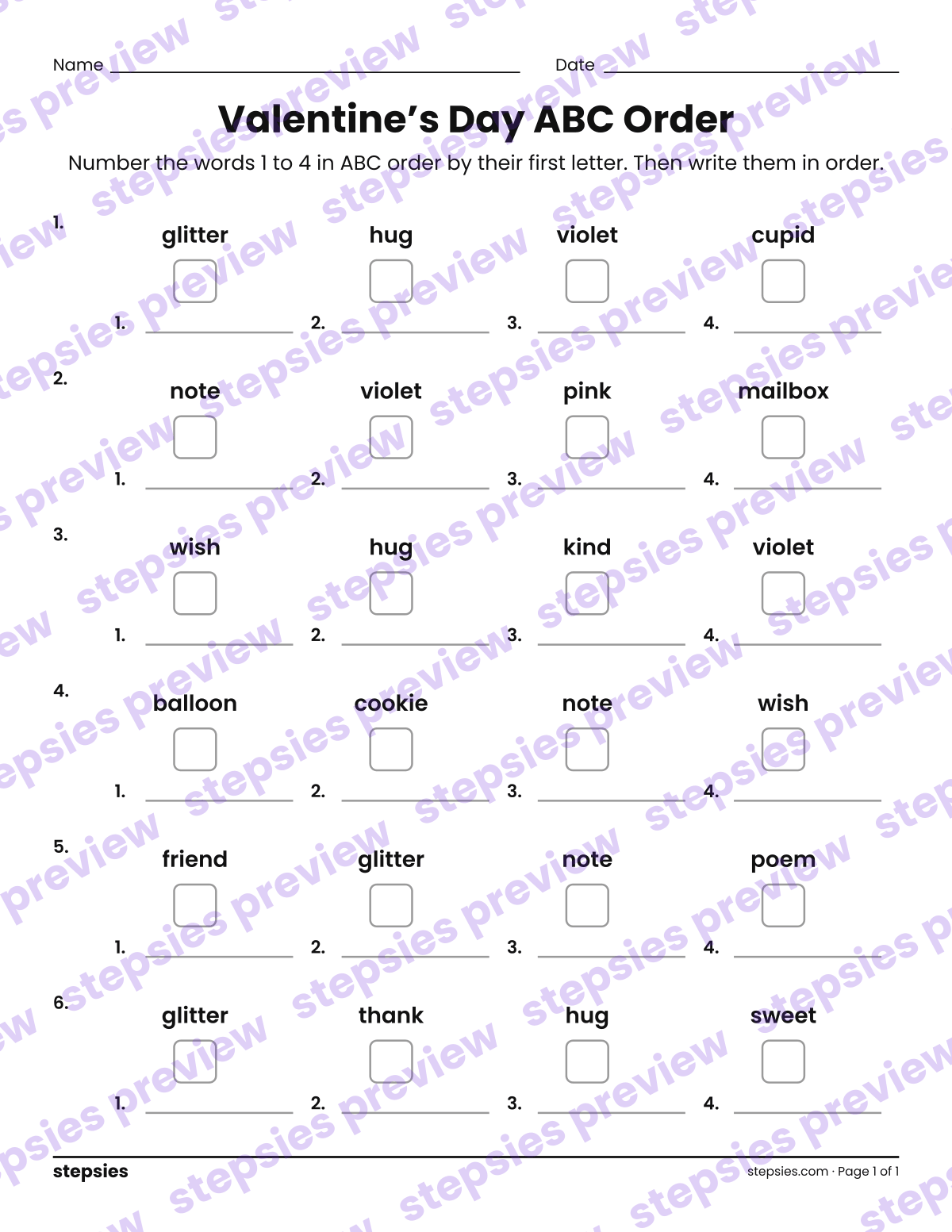 Valentine’s Day ABC Order: page 1 of a printable Grades 1 and 2 Language worksheet