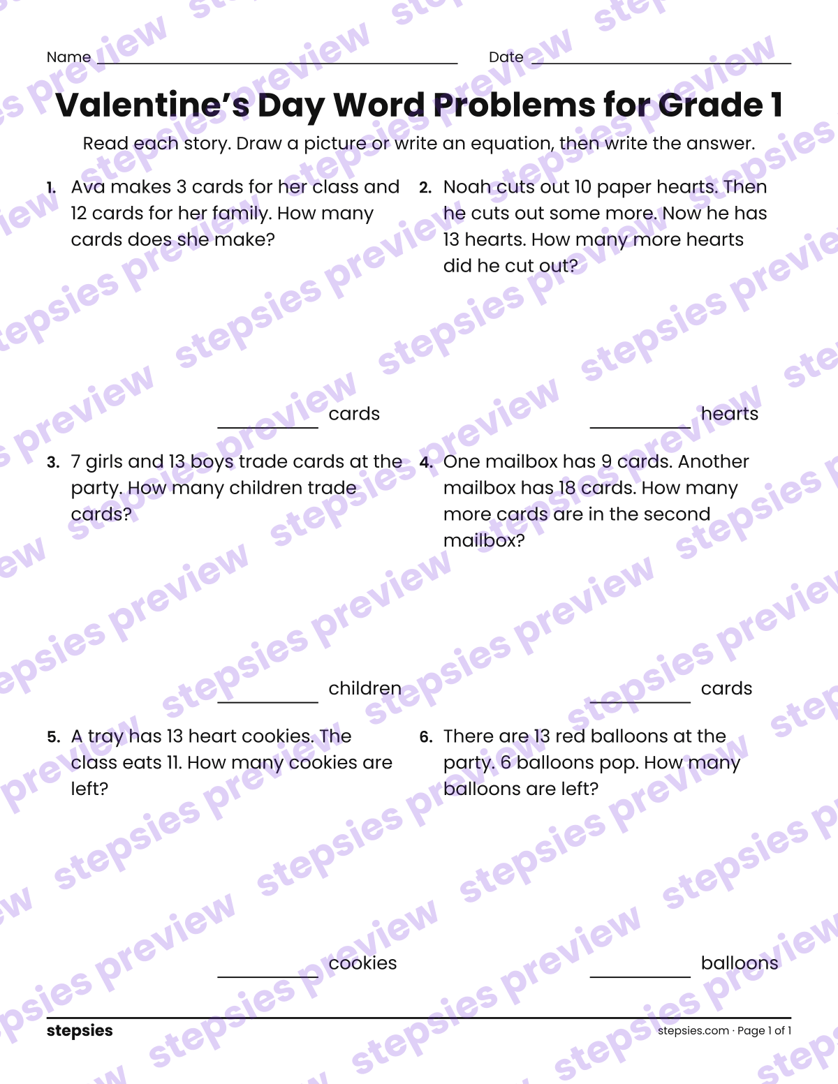 Valentine’s Day Word Problems for Grade 1: page 1 of a printable Grade 1 Math worksheet