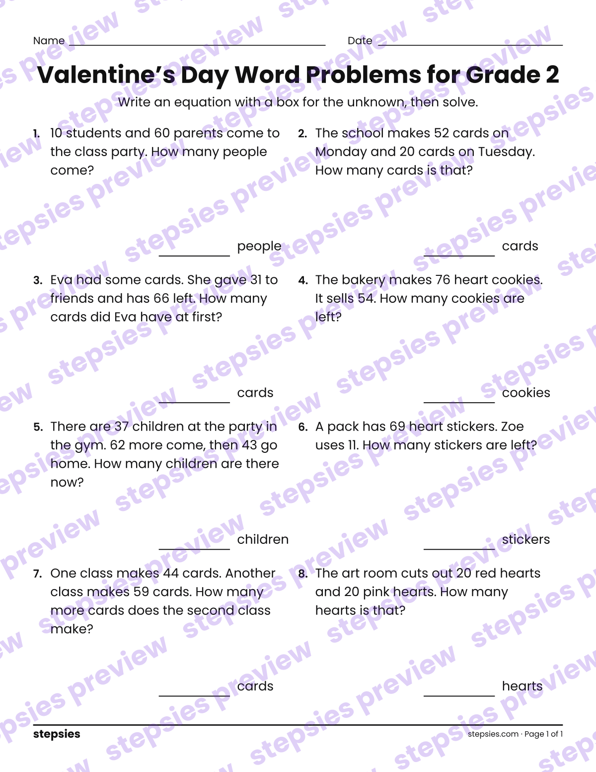 Valentine’s Day Word Problems for Grade 2: page 1 of a printable Grade 2 Math worksheet