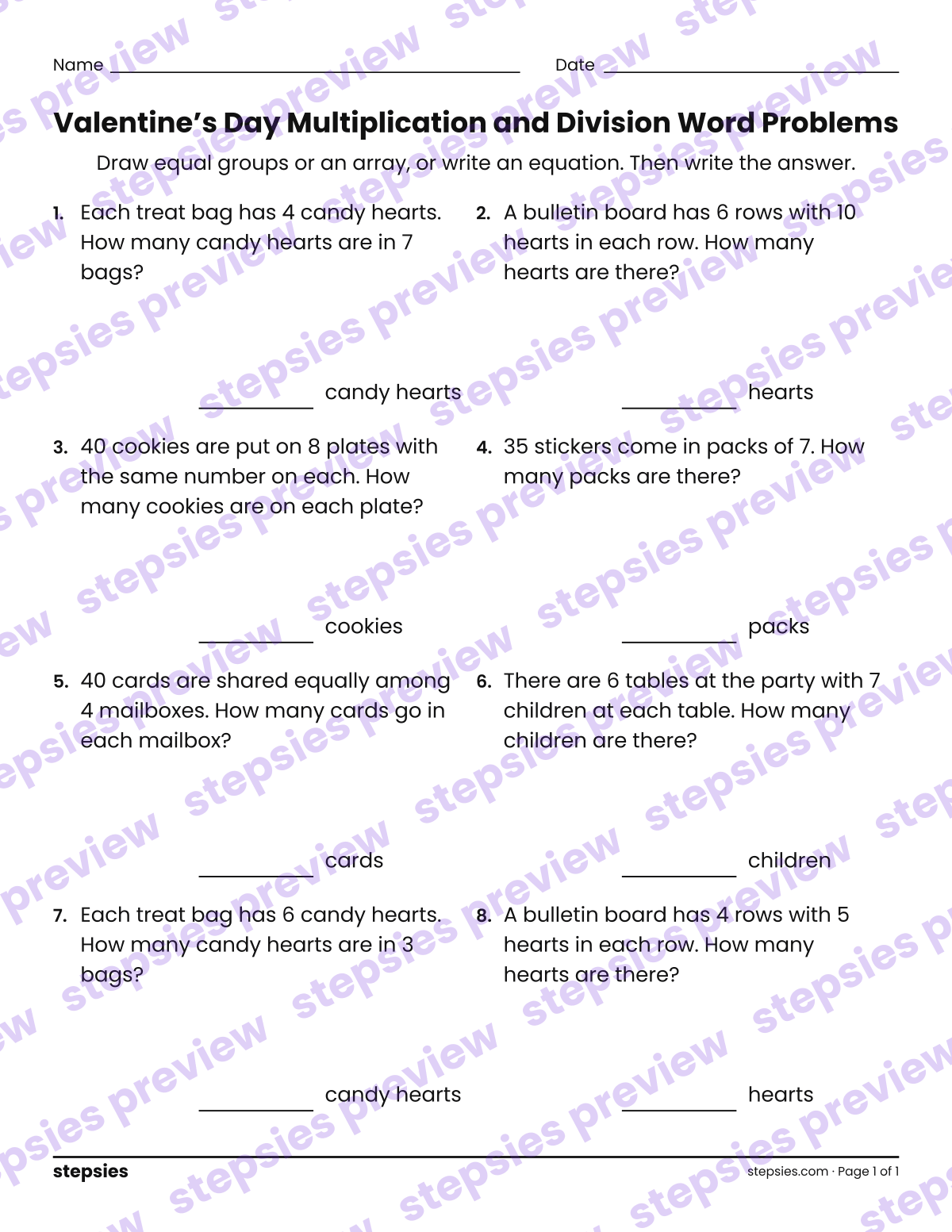 Valentine’s Day Multiplication and Division Word Problems: page 1 of a printable Grade 3 Math worksheet