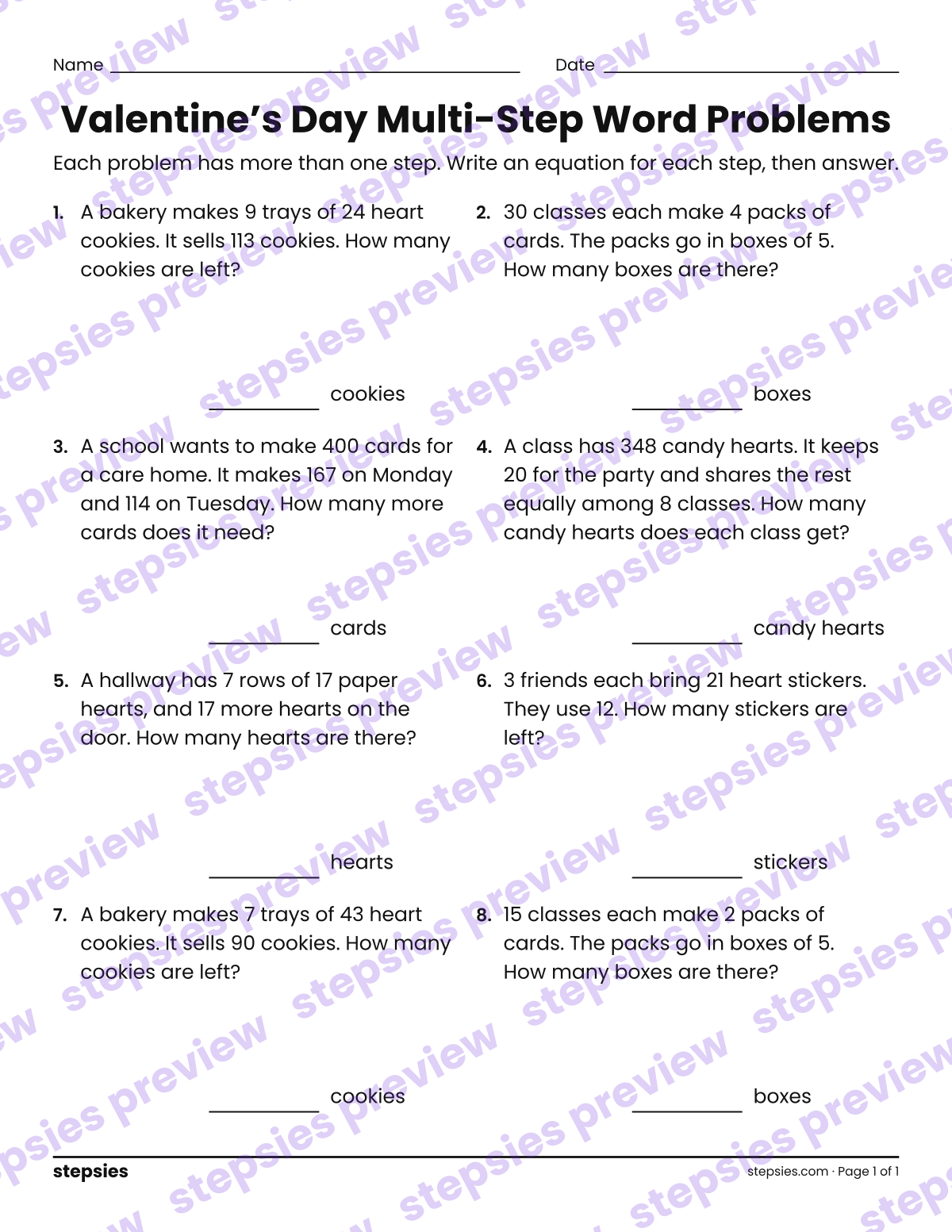 Valentine’s Day Multi-Step Word Problems: page 1 of a printable Grade 4 Math worksheet