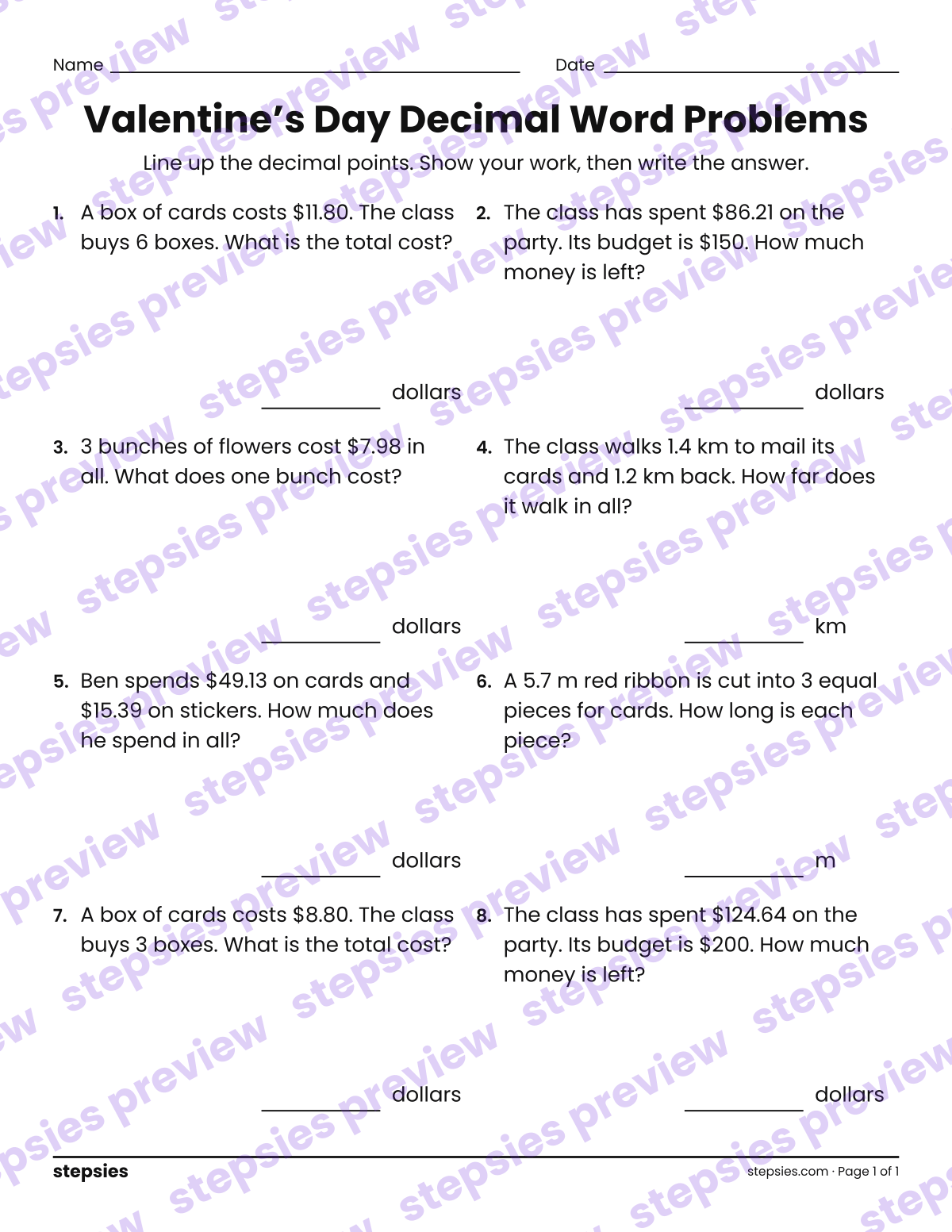 Valentine’s Day Decimal Word Problems: page 1 of a printable Grade 5 Math worksheet