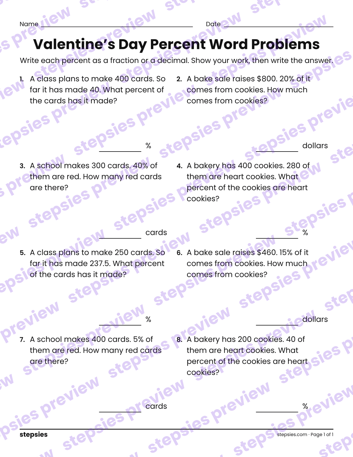 Valentine’s Day Percent Word Problems: page 1 of a printable Grade 6 Math worksheet