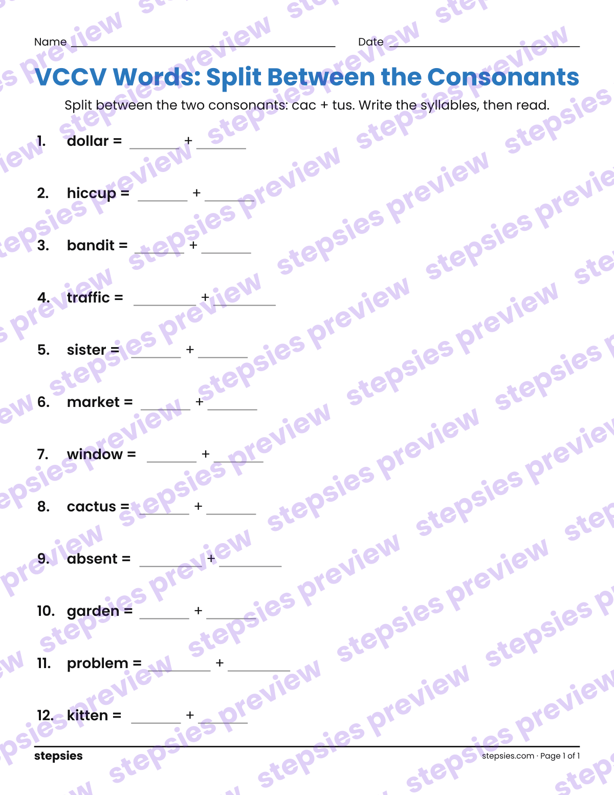 VCCV Words: Split Between the Consonants: page 1 of a printable Grades 2 and 3 Language worksheet