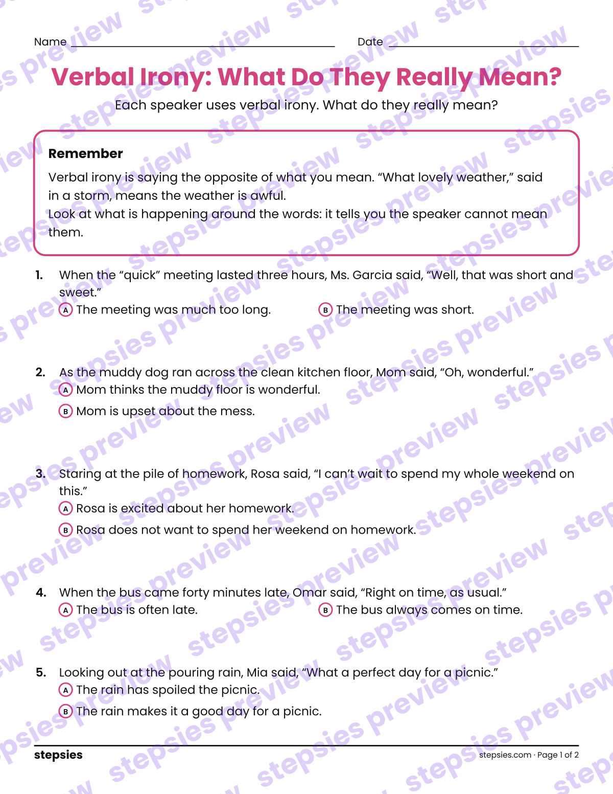 Verbal Irony: What Do They Really Mean?: page 1 of a printable Grade 8 Language worksheet