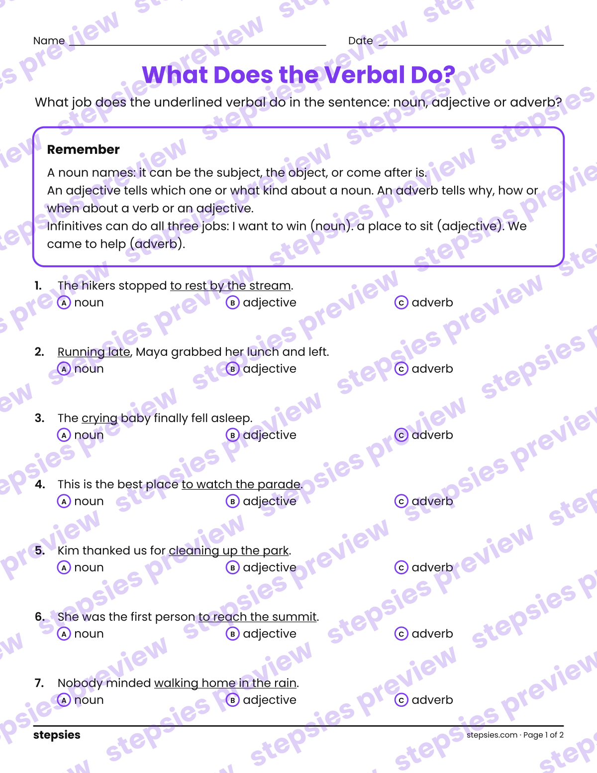 What Does the Verbal Do?: page 1 of a printable Grade 8 Language worksheet